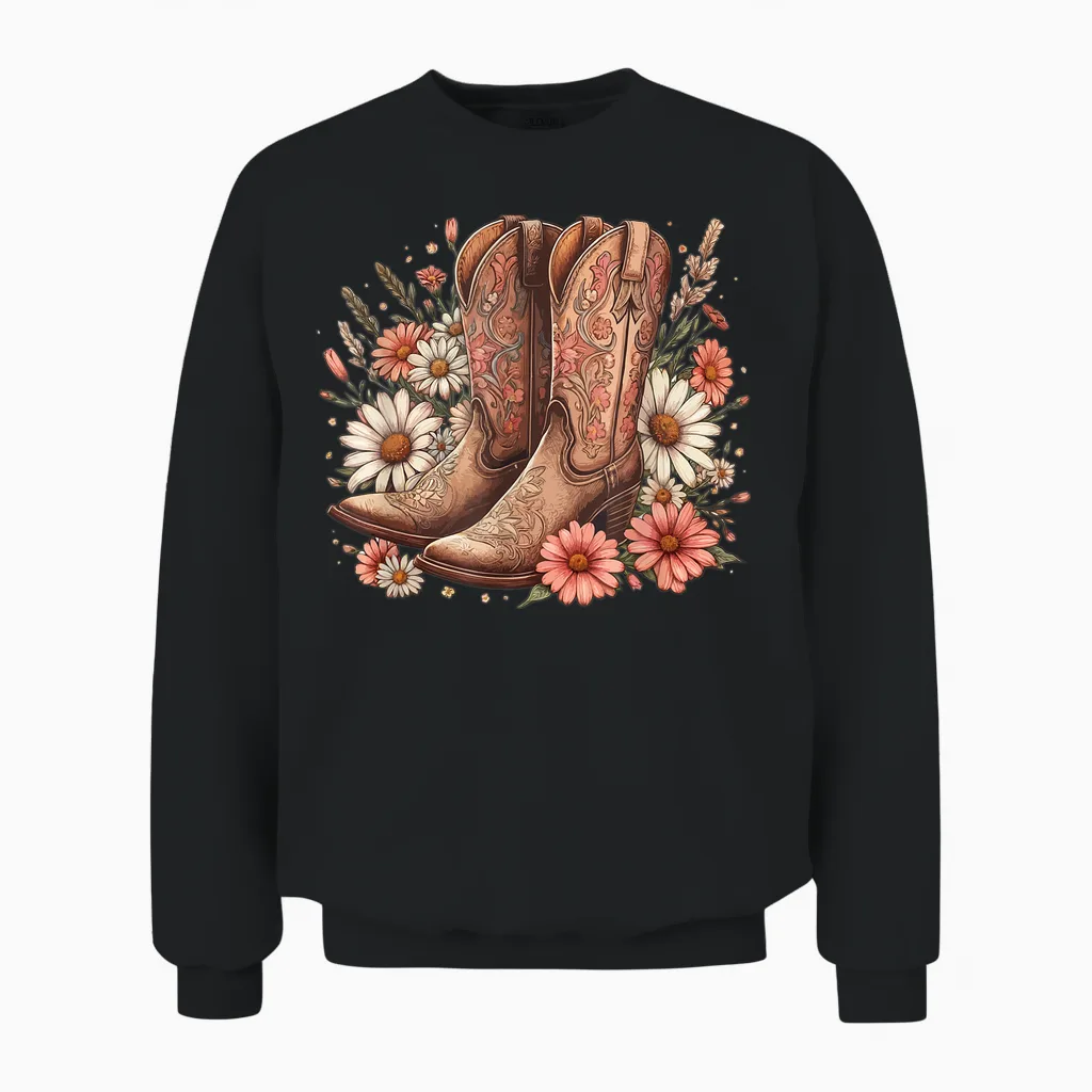 Cowgirl Boots Retro Western Country Concert Pink Boots Girl T-Shirt, Black, S Unisex Sweatshirt in Black