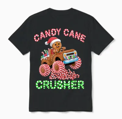 Kids Christmas Gingerbread Candy Cane Crusher Monster Truck Unisex T-Shirt - Black