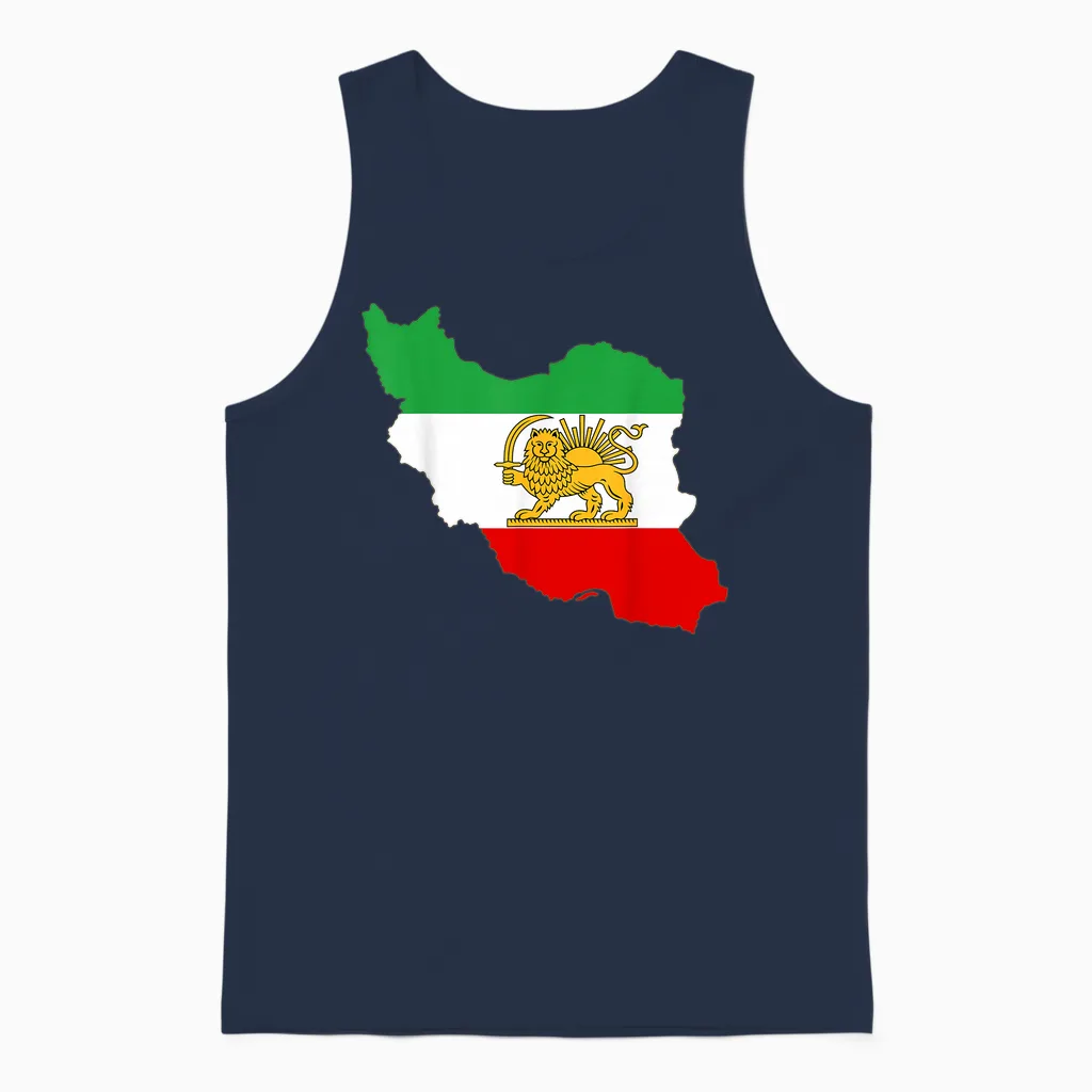 Iran Map with Lion and Sun Emblem, Persian Unisex Tank Top in Navy