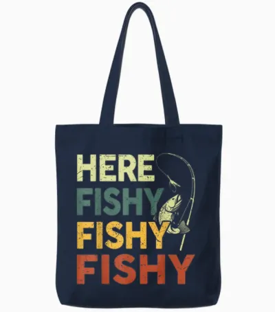 Here Fishy Fishing Shirt Bass Fish Dad Gift Funny Fisherman Tote Bags - Navy