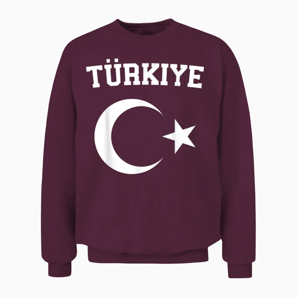 Turkish Flag Türkiye Bayragi Crescent Moon and Star Turkey T-Shirt, Red, S Unisex Sweatshirt in Maroon