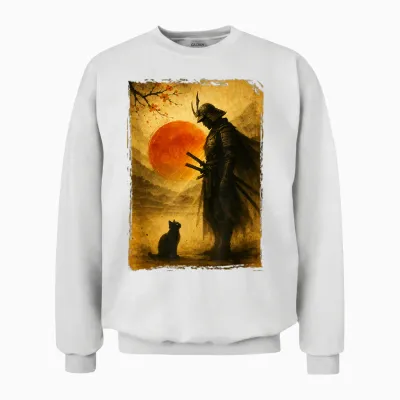 Samurai Warrior & Fighter | Black Cat, Vintage Japanese Art Unisex Sweatshirt - White