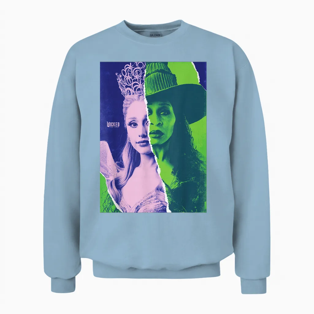Wicked: for Good Glinda and Elphaba Split Portrait Unisex Sweatshirt in Light Blue
