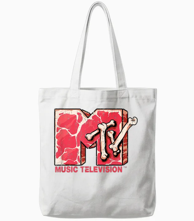 Mtv Logo Flesh and Bones Meat Beef Steak Raw Meat Mtv Tote Bags in White