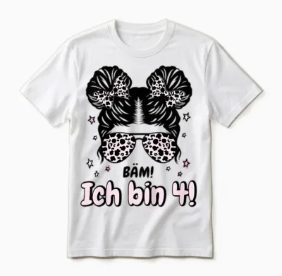 Kinder 4. Geburtstag Mädchen Messy Bun Bäm! Ich Bin Vier Unisex T-Shirt - White