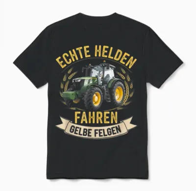T-Shirt with German Text "echte Helden Fahren", Yellow Rim, Black, S Unisex T-Shirt - Black