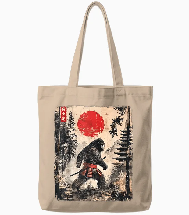 Samurai Bigfoot Japanese Vintage Graphic Ukiyo-E Art Funny Tote Bags in Natural