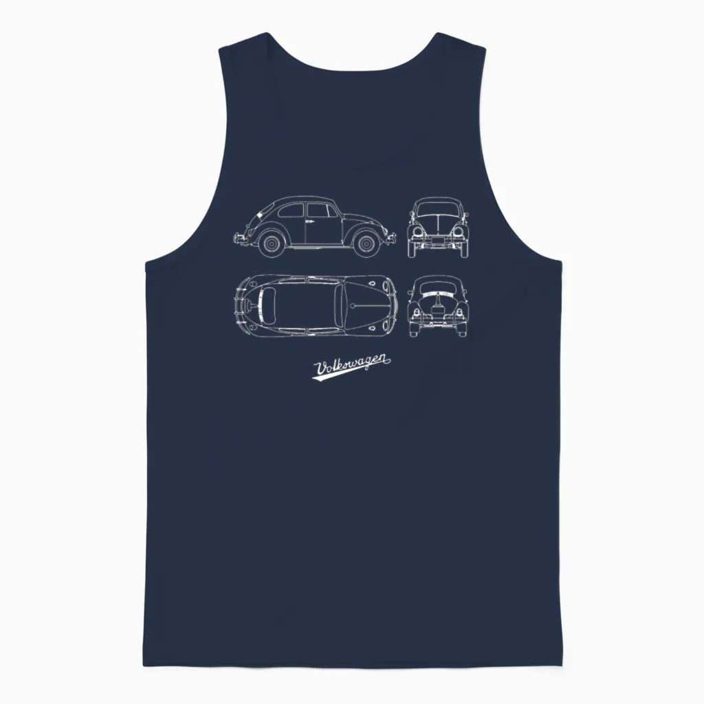 Volkswagen Vw Blueprint Beetle White with Vw Logo Unisex Tank Top in Navy