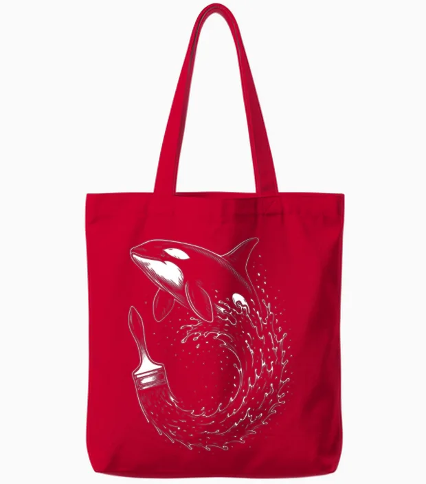Whale Wave Inkbrush Tote Bags in Red