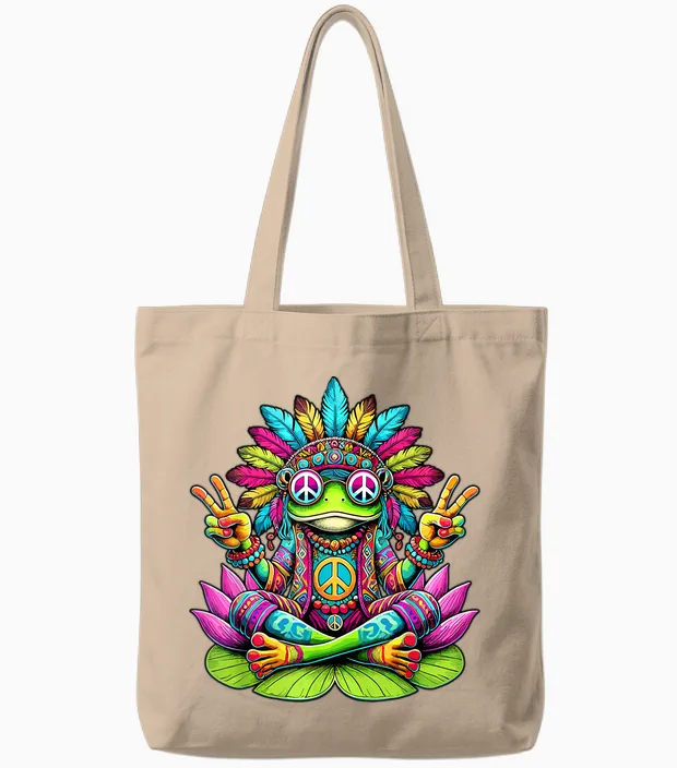 Hippie Frog, Peace Sign, 70s and 60s Party, Sunglasses T-Shirt, Black, S Tote Bags in Natural