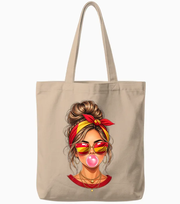 Spanisches Mädchen Messy Bun Bubblegum Spanien Flagge Reise Tote Bags in Natural