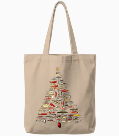 Fishing Lure Christmas Tree Fish Fly Fisherman Ocean Sport Tote Bags - Natural