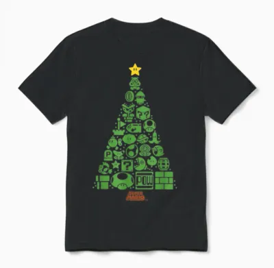 Super Mario Item Characters Christmas Tree Graphic Short Sleeve T-Shirt Black Unisex T-Shirt - Black