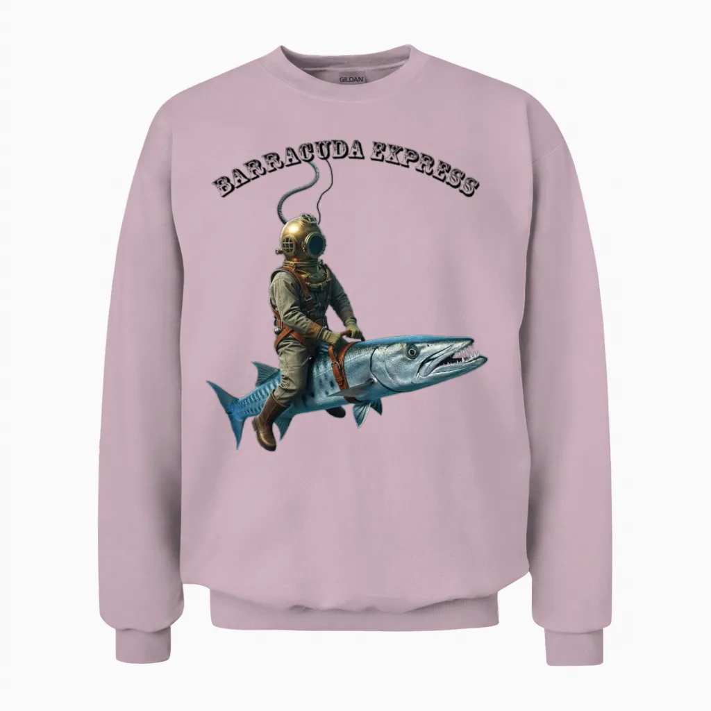 Vintage Helmet Diver Riding a Barracuda Fish Urm Unisex Sweatshirt in Light Pink