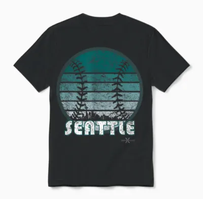 Vintage Seattle Baseball Sunset with Retro City Skyline Unisex T-Shirt - Black