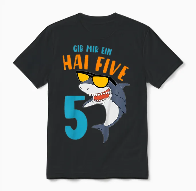 Children's Birthday Shirt 5 Years Gib Mir Hai Five Boy 5th Birthday T-Shirt, Black Unisex T-Shirt in Black