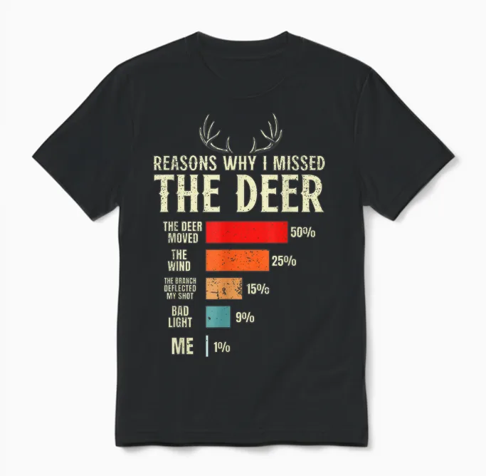Funny Hunter Reasons Why I Missed the Deer Hunting Unisex T-Shirt in Black