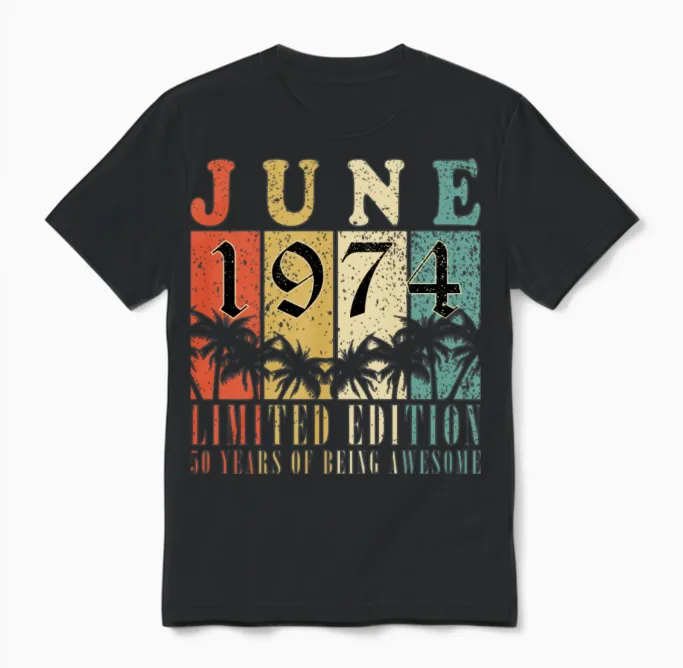 June 1974 Vintage Birthday Present Unisex T-Shirt in Black