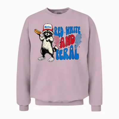 Funny Raccoon 4th of July Patriotic Cute Red White and Feral Unisex Sweatshirt - Light Pink