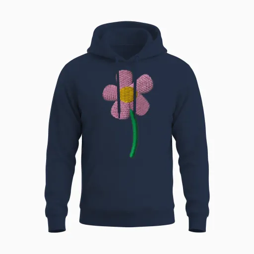 Pink Flower Embroidered - Floral & Botanical Unisex Hoodie in Navy