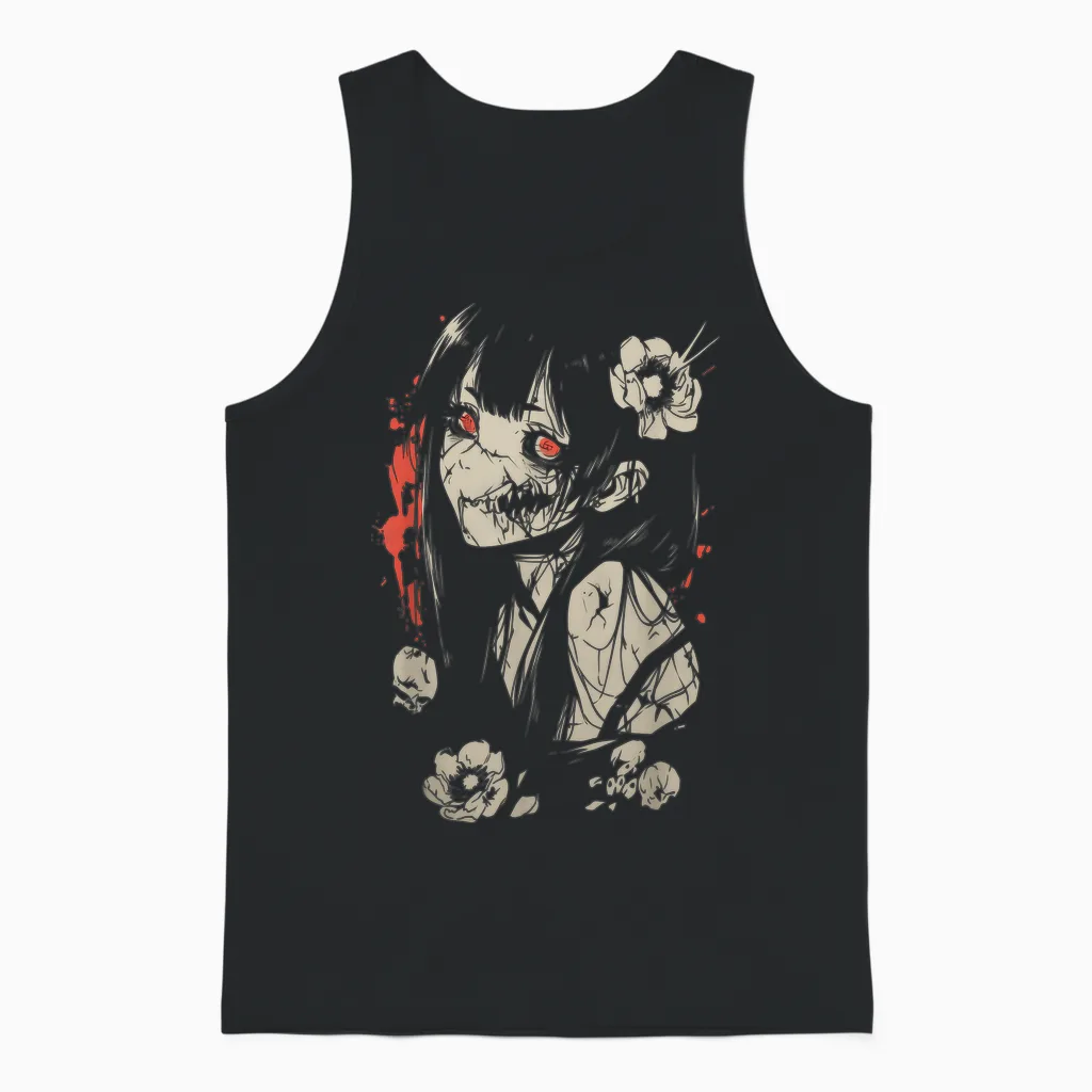 Horror Anime Manga | Japan Japanese Creepy Kawaii Goth T-Shirt, Black Unisex Tank Top in Black
