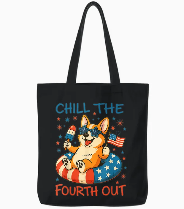 Chill the Fourth Out Cute Corgi Patriotic 4th of July Tote Bags in Black