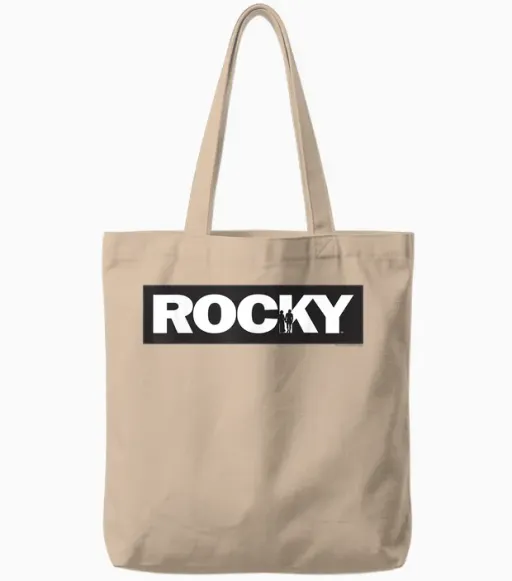 Rocky Simple Block Text Logo T-Shirt, White, S Tote Bags in Natural