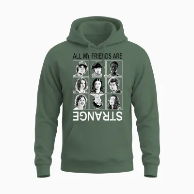 Stranger Things All My Friends Are Strange Group Shot Panels Unisex Hoodie - Military Green