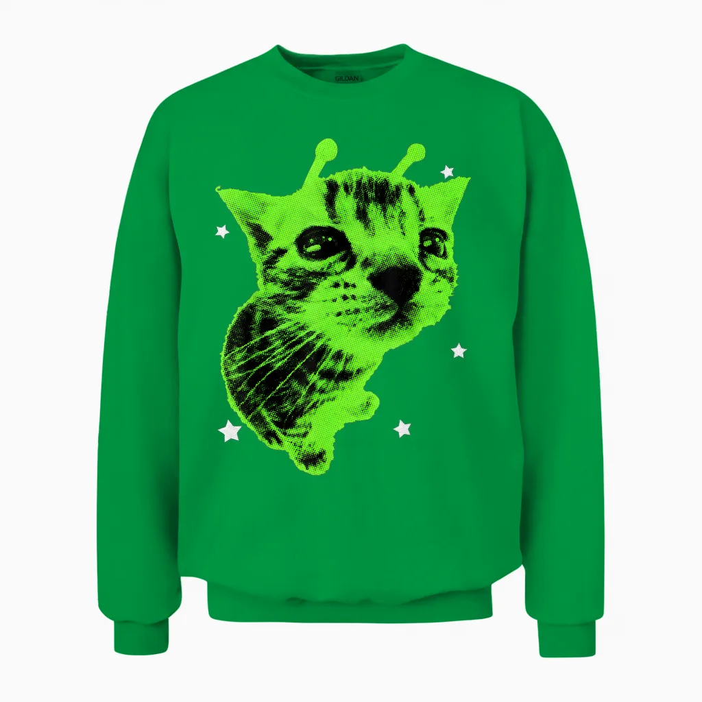 Y2k Alien Cat Meme Retro Silly Cat Vintage Space Kitty Funny Unisex Sweatshirt in Irish Green