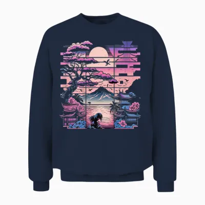 Backprint Japan Aesthetic Vaporwave Cherry Blossom Unisex Sweatshirt - Navy
