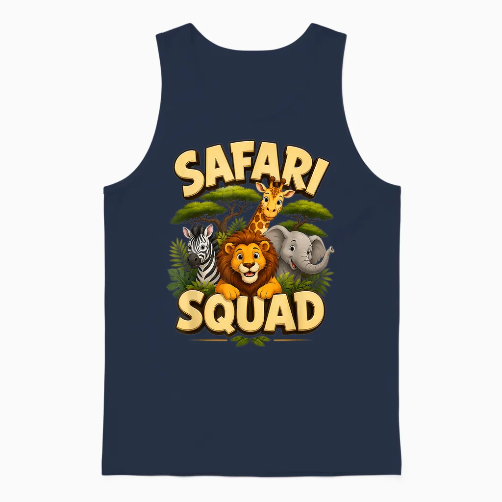 Safari Squad, Cute Crew Drawing with Jungle Animals and Zoo Unisex Tank Top in Navy