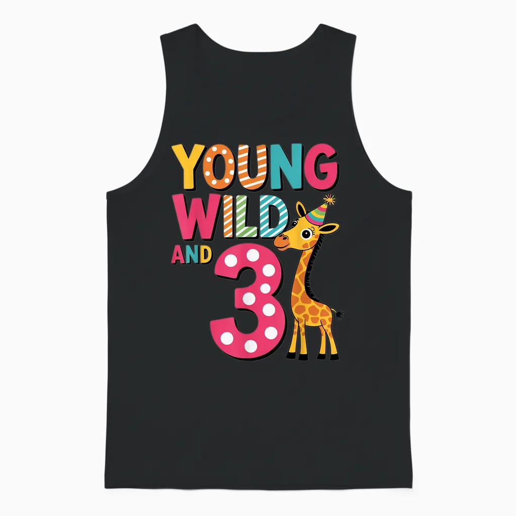 Young Wild and Three Cute Giraffe Kids Birthday Age 3 Unisex Tank Top in Black