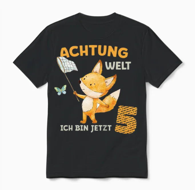 Geburtstagsshirt 5 Jahre Junge Mädchen Fuchs Ich Bin Fünf Unisex T-Shirt in Black
