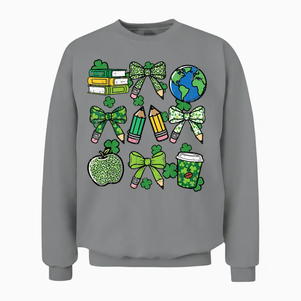 St Patricks Day Teacher Pencil Bow Saint Pattys Women Men Unisex Sweatshirt in Sport Grey