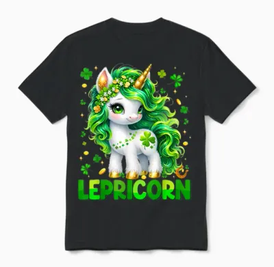 Lepricorn Cute Unicorn Shamrock St Patricks Girl Kid Unisex T-Shirt - Black