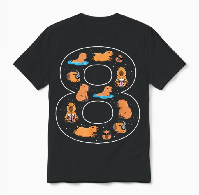 8. Geburtstag 8 Jahre Alt Capybara Jungen Mädchen Tier Unisex T-Shirt in Black