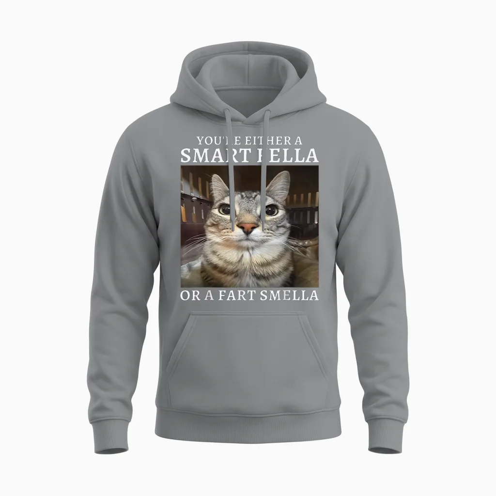 You're Either a Smart Fella or a Fart Smella Funny Cat Meme Unisex Hoodie in Sport Grey
