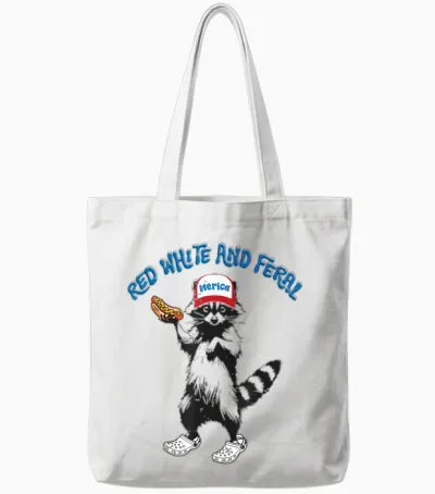 Funny Raccoon 4th of July Patriotic Cute Red White and Feral Tote Bags - White