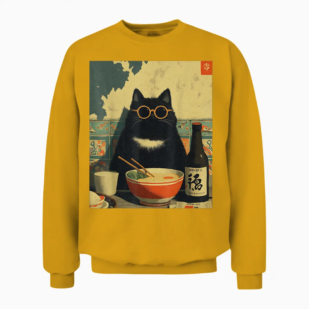 Japanese Cat Vintage Ramen Cat Dad Retro Funny Graphic Unisex Sweatshirt in Gold