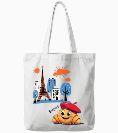 Paris France Crescent with Beret Hello in French Tower Tote Bags - White