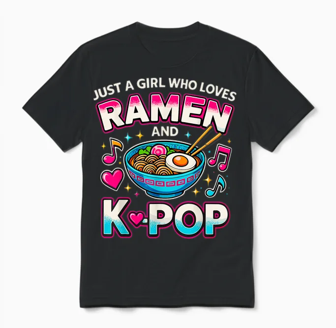 Just a Girl Who Loves Ramen and K-Pop Unisex T-Shirt in Black