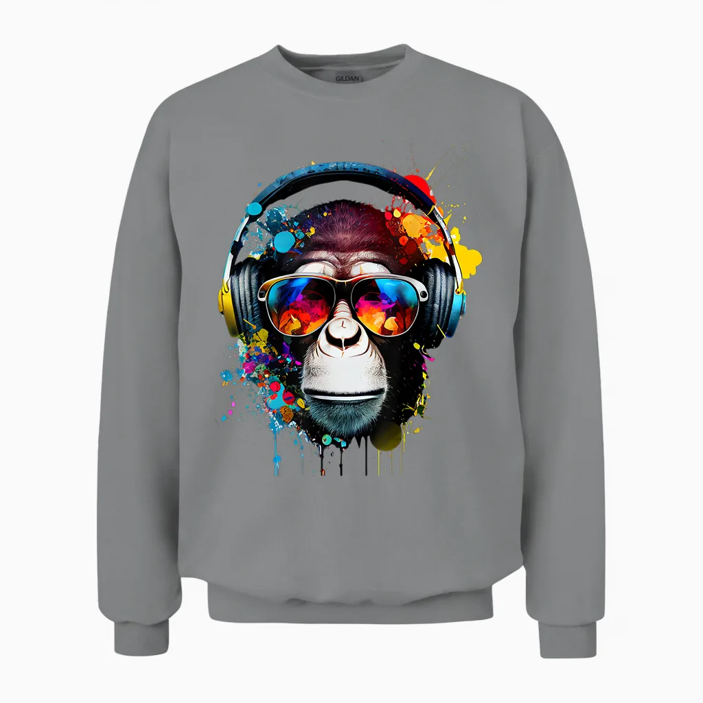 Dj Monkey Monkey with Sunglasses T-Shirt, Black Unisex Sweatshirt in Sport Grey