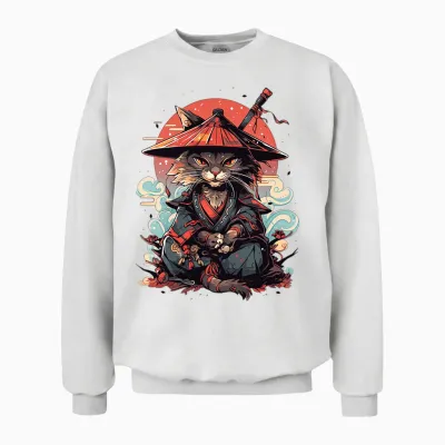Japanese Retro Samurai Cat Tattoo Graphic Ninja Kawaii Long Sleeve, Black, S Unisex Sweatshirt - White