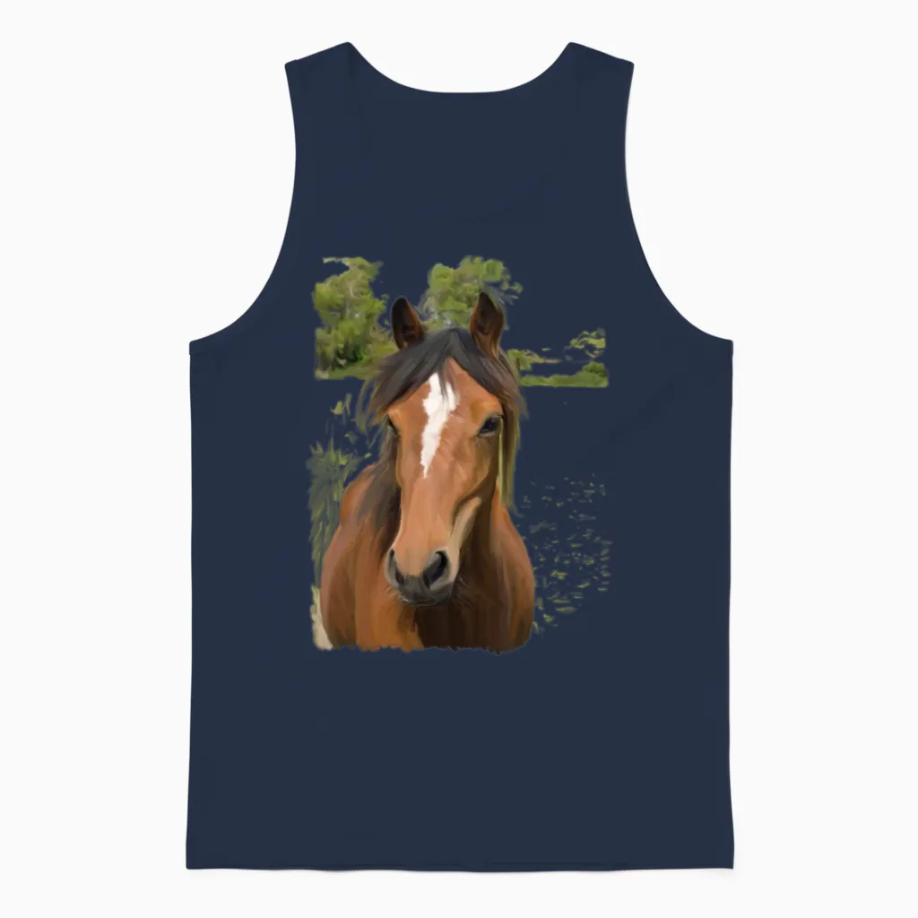 Wild Horse Portrait in Rustic Greens Unisex Tank Top in Navy