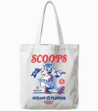 Stranger Things Scoops Ahoy Ice Cream Shop in Red/blue T-Shirt, White Tote Bags - White