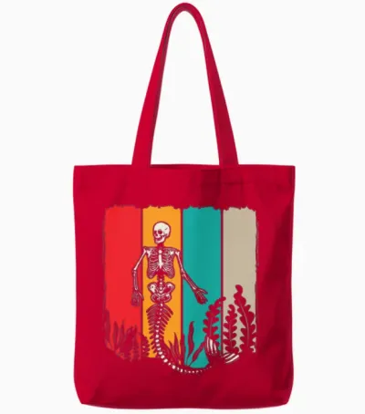 Skeleton Mermaid Retro Tote Bags - Red