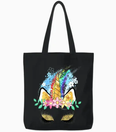 Einhorn Gesicht Regenbogen Frühling Ostern Blumen T-Shirt, White Tote Bags - Black