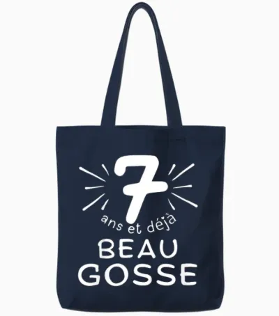 Child 7 Years Old and Already Handsome Kid. Phrase Humor for Gift Boy T-Shirt, Black, 2 Tote Bags - Navy