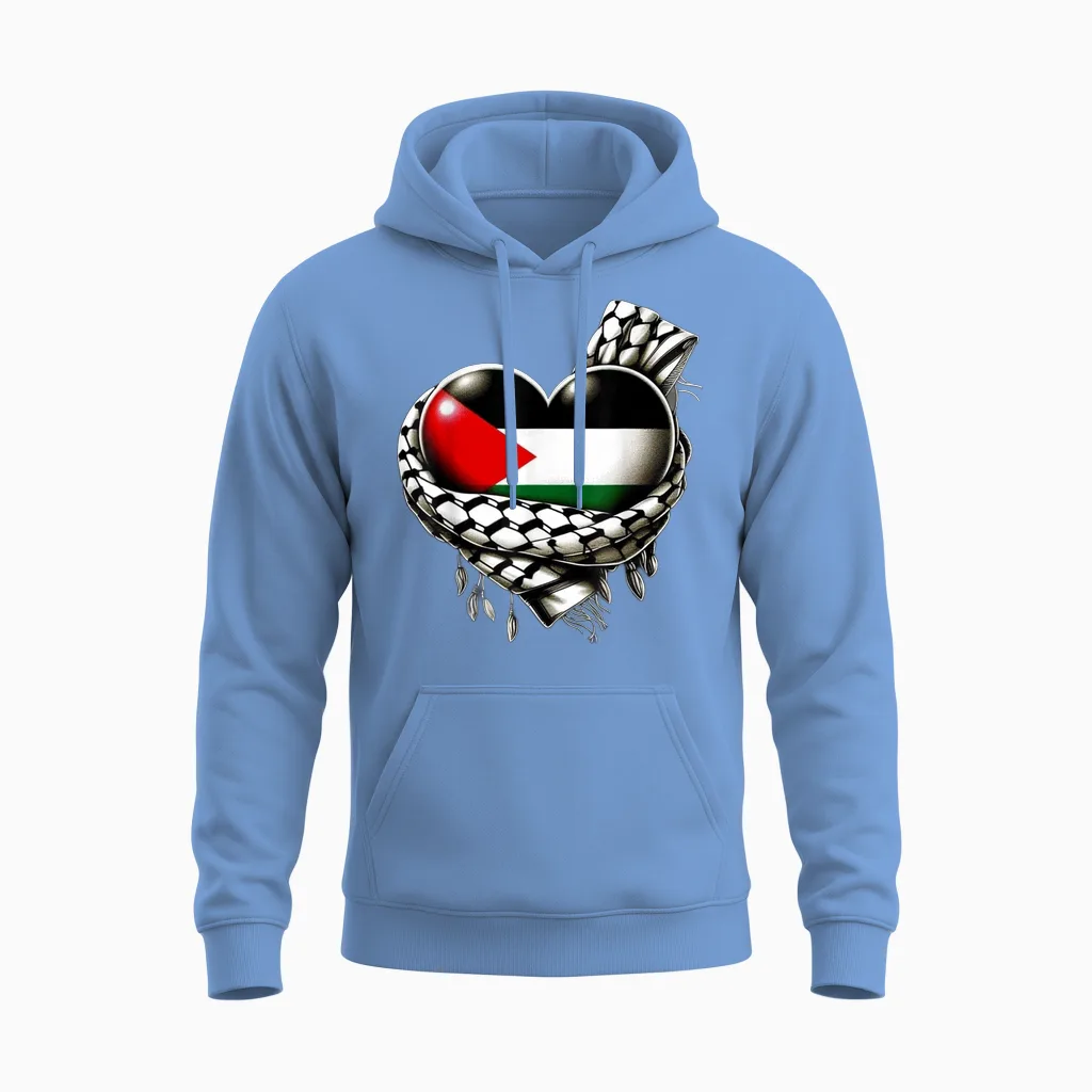 Palestinian Flag Heart Shaped Keffiyeh Palestine Unisex Hoodie in Carolina Blue