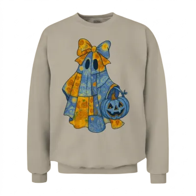 Quilted Ghost with Big Bow and Pumpkin Halloween Unisex Sweatshirt - Sand